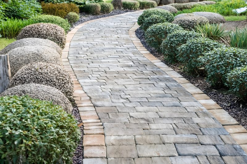 Gepflasterter Gartenweg mit Formgehölzen