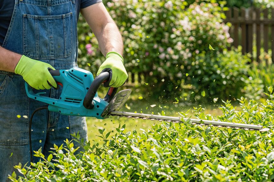 Hecke wird mit der Heckenschere in Form geschnitten